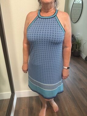 Max Studio Blue and Teal Geometric Halter Dress